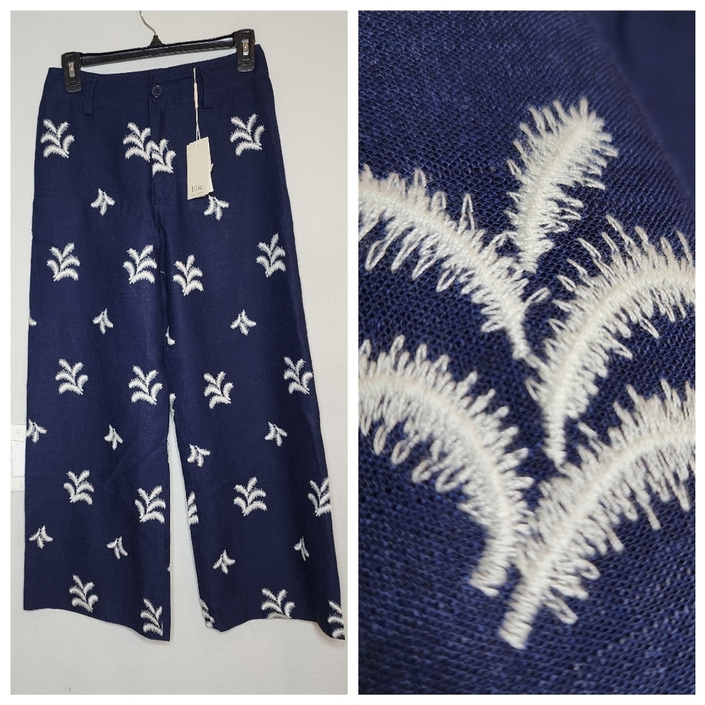 NWT Elie Tahari Linen Viscose Embroidered Wideleg Navy Blue Pants Sz 2 Highrise‎